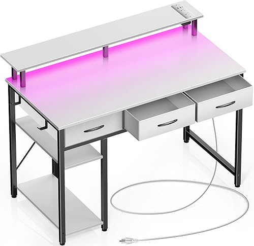 Miniatura 1 de Rolanstar Escritorio para computadora con tomas de corriente y luz LED, escritorio de oficina en casa de 39 pulgadas con 3 cajones y estantes de
