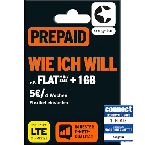 congstar Prepaid wie ich Will SIM-Karte ohne Vertrag I Prepaid-Guthaben Wunschmix in D-Netz-Qualität I frei wählen 1-15 GB & 9 Ct. pro Min/SMS – Flat I alle 4 Wochen neu Mixen I 10 EUR Startguthaben