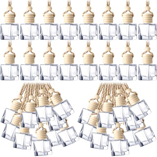 BBTO 200 Pcs Hanging Car Diffuser Bottles Bulk, Empty Clear Glass Air Freshener Bottles with Wooden Cap for Perfume Essential Oils Fragrance Aromatherapy Ornament(Square)
