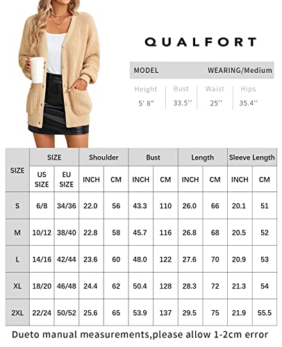 Qualfort Women's Cardigan Sweater 100% Cotton Button-Down Long Sleeve Oversized Knit Cardigans With Pockets Beige X-Large #TOP5