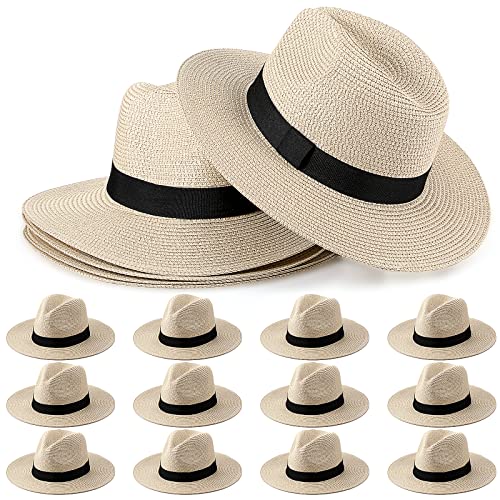 Silkfly 12 Pcs Women Straw Panama Roll up Hat Wide Brim Beach Sun Hats for Women Summer Beach Travel Party Costume(Beige)