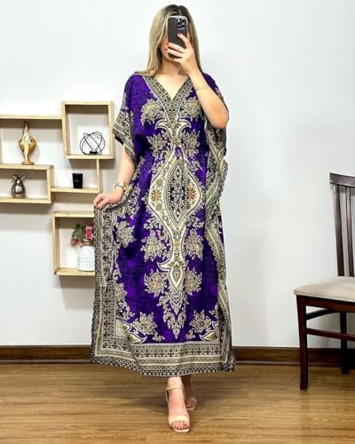 Image of NAIADES Women's Kaftan Dress - Bohemian Printed V-Neck Long Maxi Caftan with Loose Fit & Elegant Design (Kaftan-Kurti)