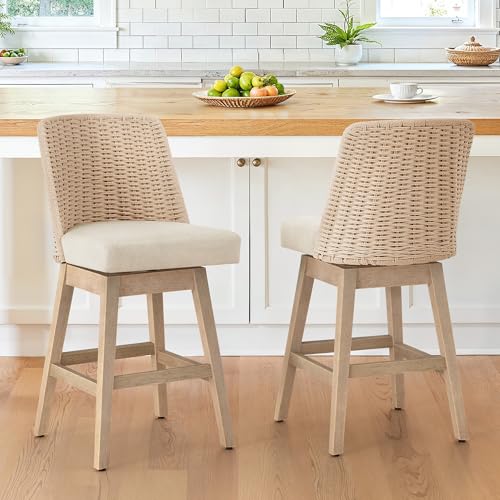 LUE BONA Rattan Bar Stools Set of 2, 27” Swivel Wooden Bars Stools with Thick Linen Seat, Handwoven Back & Wooden Leg, Counter Height for Kitchen Island, Apricot