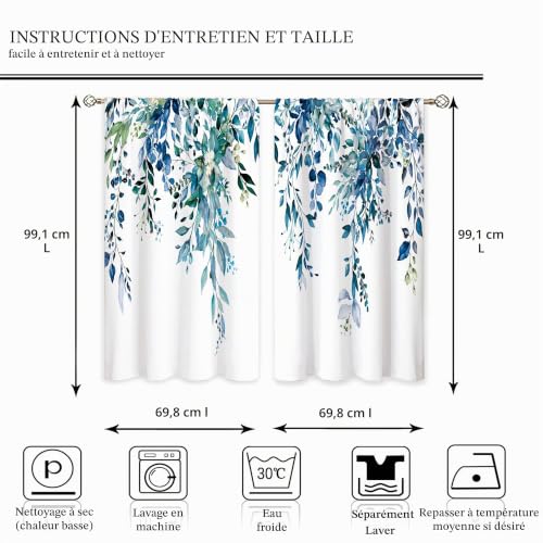 Rideaux courts de cuisine à motif eucalyptus bleu sarcelle 70x99 cm - 5