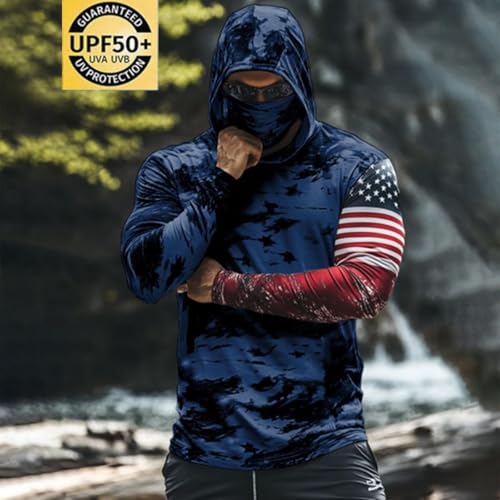 Men's America Flag Athletic Hoodies Fishing Shirts for Men UPF 50+ SPF UV Sun Protection Shirts Rash Guards with Mask2