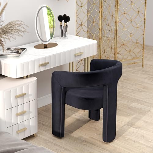 Image of HNY Modern Barrel Kitchen & Dining Room Chair, Velvet Upholstered Accent Chair with Arm, 18.5'' Wide Side Armchair Vanity Chair for Living Room Bedroom Makeup Small Spaces, Black