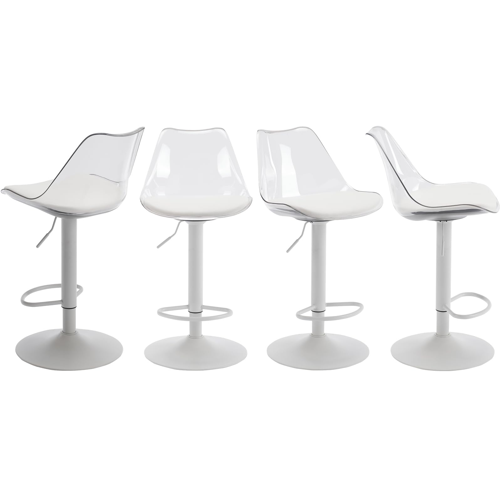 Lot de 4 tabourets de bar transparents réglables en hauteur, pivotants à 360°, avec dossier ergonomique et repose-pieds – Chaises hautes modernes pour cuisine, salle à manger et bar (Blanc)