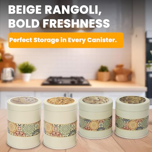 Image of Mandala Collection Airtight Kitchen Container Set| 450ML+1100ML- Set of 4| Food Grade Metal Jars for Spices, Cookies, Millets & Dry Food Storage| Vacuum Lid, Rust Resistant| Beige Rangoli