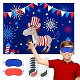 Patriotic Pin the Tail On the Donkey Game 4th of July Poster with 24 Pcs Tail Stickers Blindfolds Fun Birthday Activities Party Decorations Supplies for American Memorial Veterans Day Independence Day