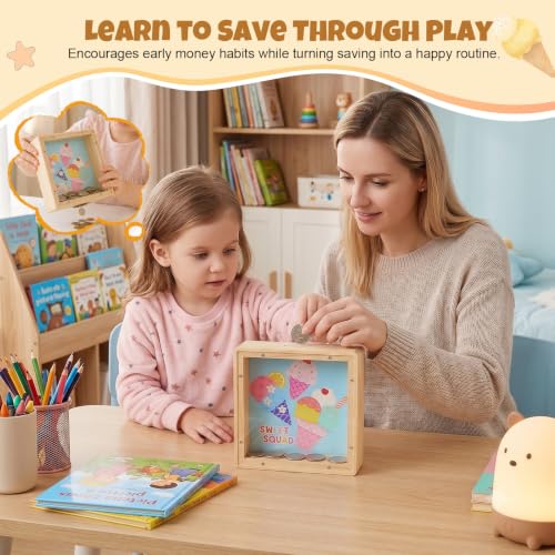 Image of MHJY Wooden Piggy Bank for Kids Personalizable DIY Coin Bank for Girls Boys