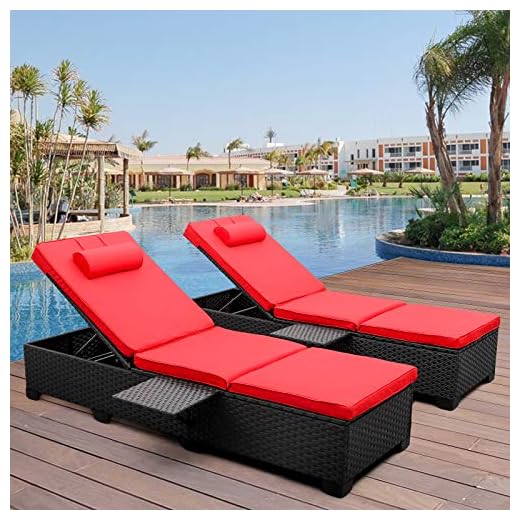 Outdoor PE Wicker Chaise Lounge - 2 Piece Patio Black Rattan Reclining Chair Furniture Set Beach Pool Adjustable Backrest Recliners with Red Cushions
