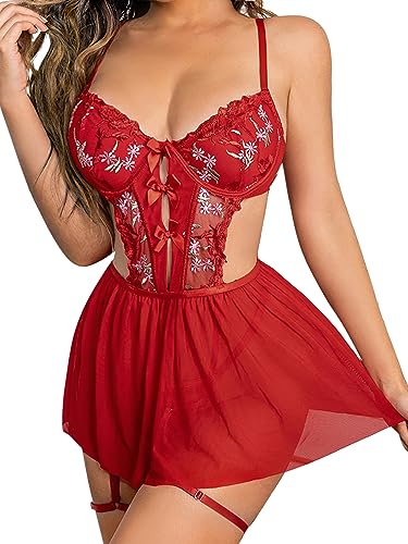 popiv Women Sexy Lace Lingerie Set Floral Mesh Babydoll Skirt Lingeries Dress Sets Red