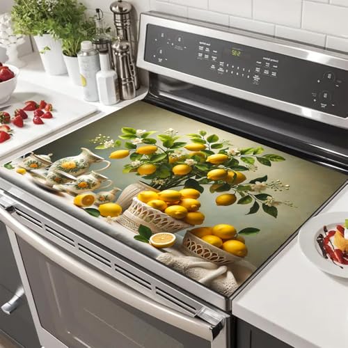 Image of HOMETITUTE Lemon Blossom Stove Covers for Electric 28x20 Inches Diatomite Glass Top Stove Cover Protector Heat Resistant Non Slip Cooktop Covers Pad Decorative Kitchen Mat for Countertops and Sinks
