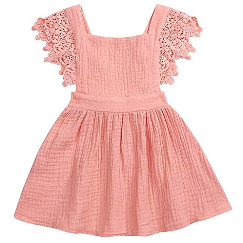 Toddler Baby Girl Infant Comfy Cotton Linen Ruffle Lace Princess Overall Dress Sundress(Pink, 6-12 Months (80))