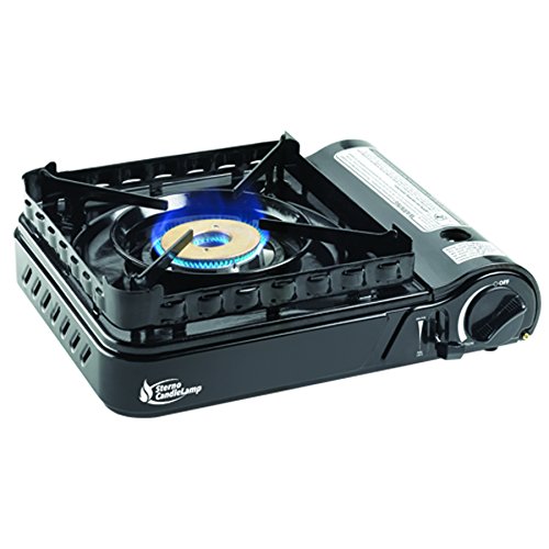 Sterno 50108 Portable Butane Stove with Piezo Electronic Ignition and Wind-Block Attachment, 15,000 BTU, Black