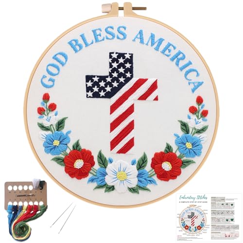 Image of Louise Maelys Embroidery Kit for Beginners, Cross Stitch Kits with Adults, DIY Needlepoint Kit with Christian Cross and Stars and Stripes Pattern, Including Cloth, Hoop, Instructions and Threads