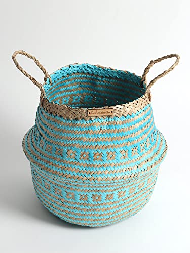 Image of Habere India-All The Cultures Fabricating India Wicker Basket For Plants | Seagrass Baskets Home Decor | Bamboo Storage Organiser | Bamboo Planter Baskets Cylindrical (L) - Blue (Dia 35 x H35 cm)