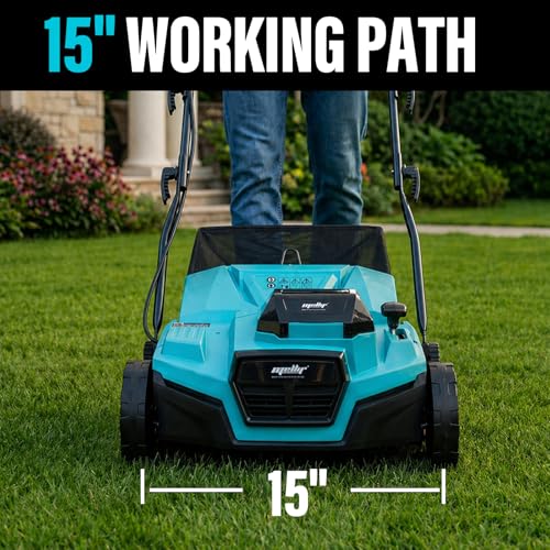 Image of Cordless Lawn Dethatcher Compatible with Makita 18v Battery(Tool Only), 36V Dual Battery Powered Brushless 2-in-1 Scarifier, 15'' Wide, 12-Gal Collection Bag, Air Boost Technology, 5 Adjustable Depths
