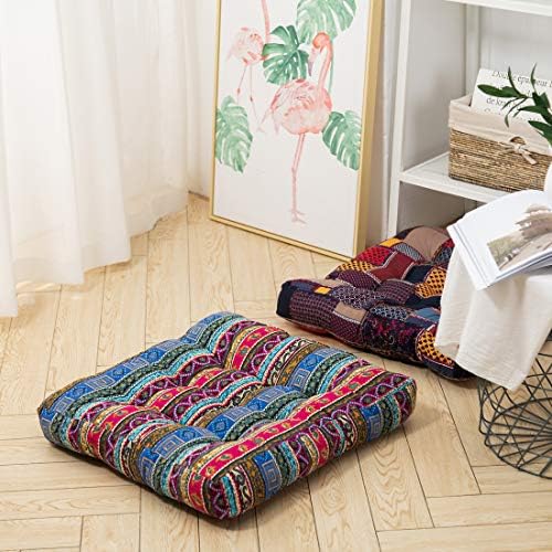 HIGOGOGO Boho Cushion, Large Pouf Cushion Mandala Floor Pillow Square Meditation Yoga Seating Cushion Cotton Linen Indian Pillow for Home Decor Garden Party, 22x22 Inch, Stripe Blue