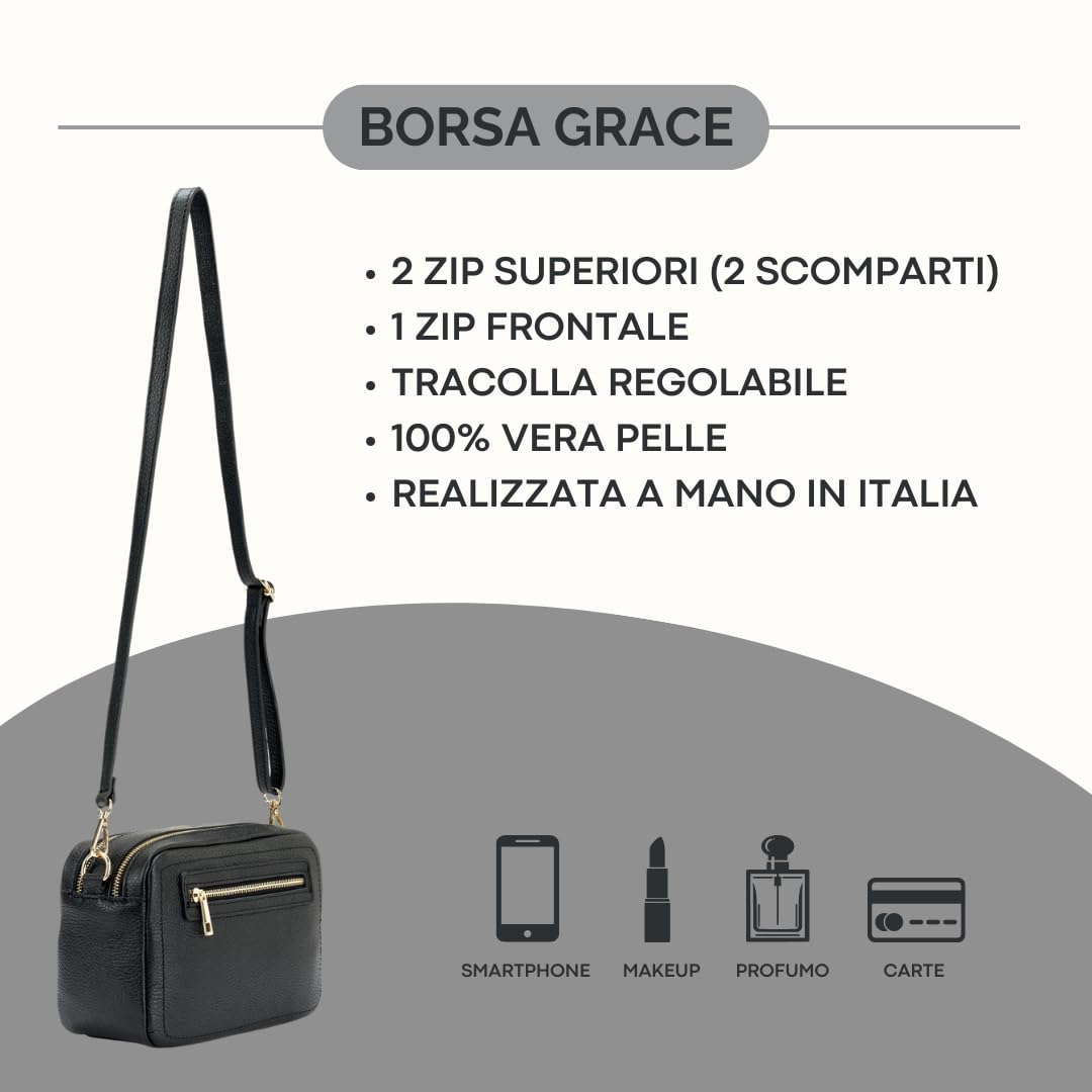 Mauro Pelletteria Borsa Tracolla Donna Pelle, Borsa Donna Tracolla Made in Italy con Due Scomparti, Tasca sul Fronte, Tasca interna e Tracolla regolabile