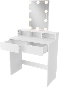 ELEGANT Dressing Table with Large Rectangular Mirror, Vanity Makeup Desk with Hollywood LED Lights and Adjustable Brightness, 3 Open Compartments and 2 Drawers Vanity Table for Girls Bedroom, White