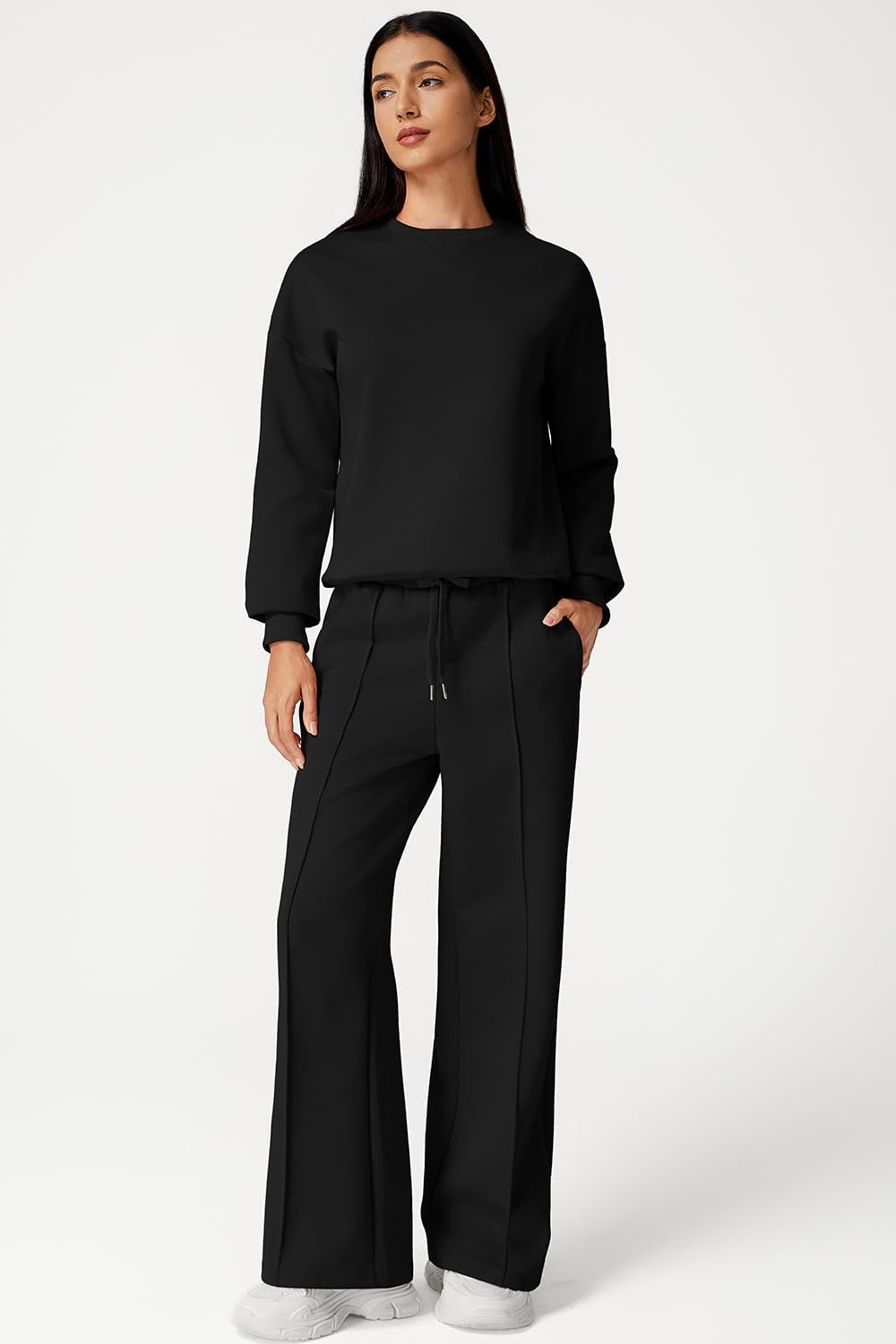 QINSEN 2 Piece AirCotton Outfits Sweatsuits Long Sleeve Pullover Sweatshirt Wide Leg Sweatpant with Pockets Tracksuit