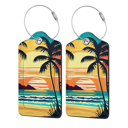 2 Pcs Palm Trees with Sunset Luggage Tag for Suitcase, Identifiers Privacy Cover ID Label with Steel Loop, Summer Beach Luggage Tag, Travel Vacation Gift4