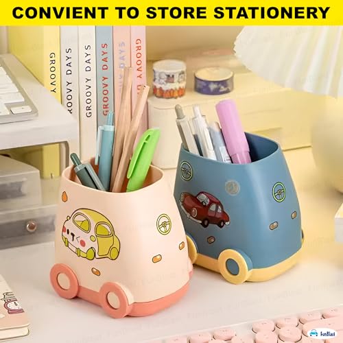 Image of FunBlast Plastic Pen Stand for Study Table, Car Stationary Organizer with Kawaii Stickers, Pen Stand for Kids & Girls, Desk Organizer, Birthday Return Gifts for Kids (Blue)