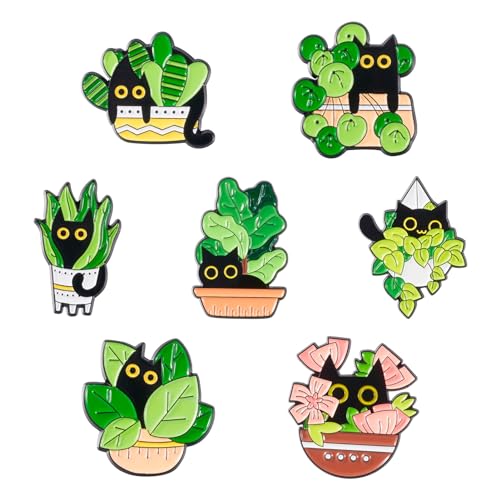 Image of 7Pcs Cat Enamel Pins for Backpacks, Cute Cartoon Black Cat with Green Potted Plant Enamel Brooch Pins, Pet Animal Kitten Brooch Badges for Bags Hats Jacket Clothes Decorative Supplies