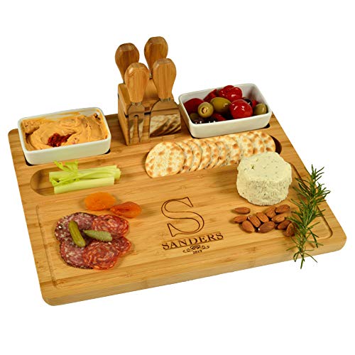 Custom Personalized Engraved Bamboo Cheese/Charcuterie Cutting Board with Ceramic Bowls, Cheese Tools & Cheese Markers-Designed & Quality Checked in USA