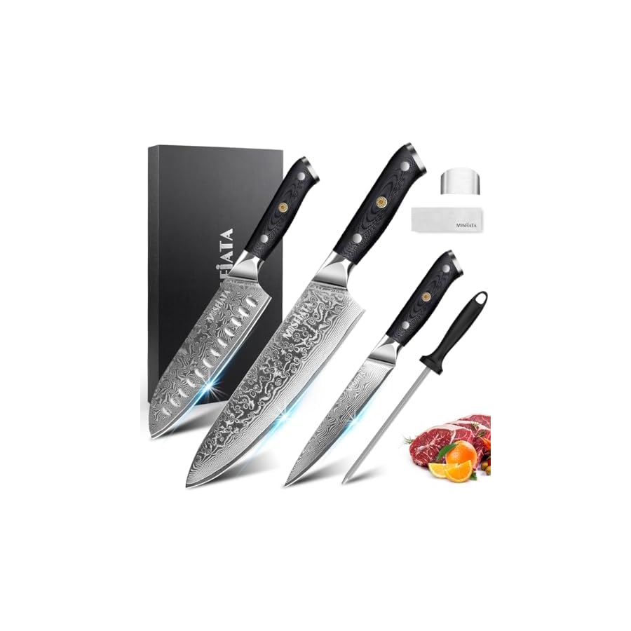 MOSFiATA-Professional-Damascus-Chef-Knife-Set-3PCS-8-Chef-Knife-7Santoku-Knife-and-5Utility-KnifeVG-10-High-Carbon-Stainless-Steel-with-Finger-Guard-Knife-Sharpener-Rod-Gift-Box MOSFiATA Professional Damascus Chef Knife Set-3PCS, 8 ‘’Chef Knife 7”Santoku Knife and 5'Utility Knife,VG-10 High Carbon Stainless Steel with Finger Guard, Knife Sharpener Rod Gift Box