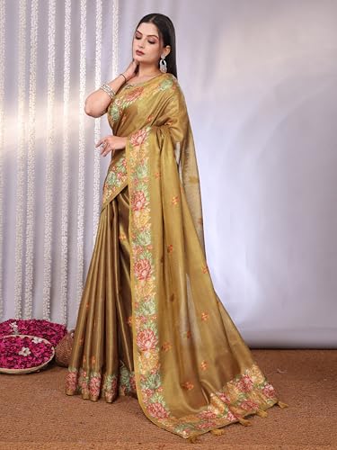 Image of SWORNOF Gold-Toned Woven Design Silk Zari Tissue Saree | Saree for Women | Soft and Skin Friendly