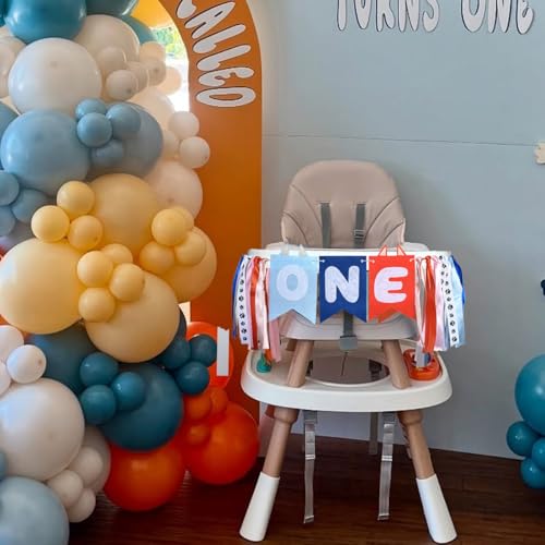 Image of Light Blue Navy Orange High Chair Banner and Cake Topper Cute Puppy Highchair Garland One Happy Birthday Highchair Photo Prop
