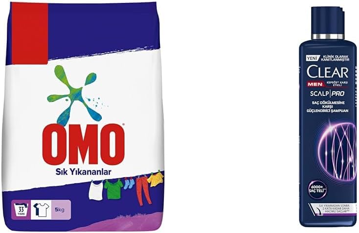 Omo Toz Çamaşır Deterjanı Sık Yıkananlar 5 kg(1) Clear Men Scalp Pro Saç Dökülmesine Karşı Güçlendirici Şampuan Kepeğe Karşı Etkili 300 ml(1)