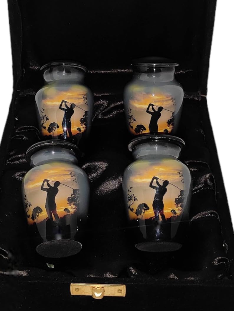 Classic Small Mini Cremation Keepsake Aluminum Urn for Human Ashes – with Box and Velvet Box - Lovely Golfer Design 2.5 Inch high Handcrafted Product for Tribute Your Love Once Set of 4