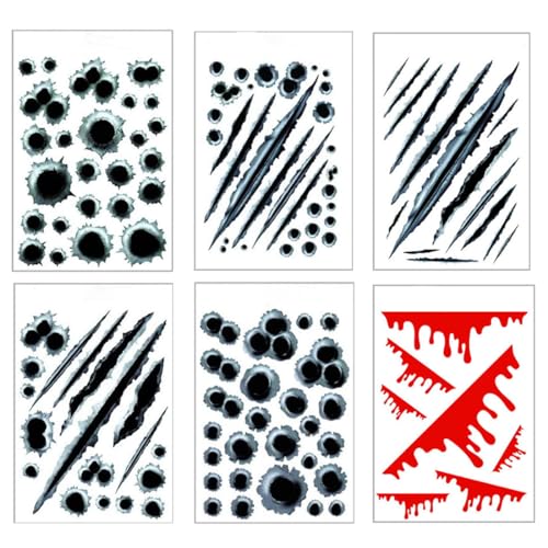 Set Autocollants Trou de balles, 6 feuilles Bullet-Holes et Rayures Stickers, étanche Bullet-Holes et Rayures Stickers de Voiture, pour Voiture mobylette...