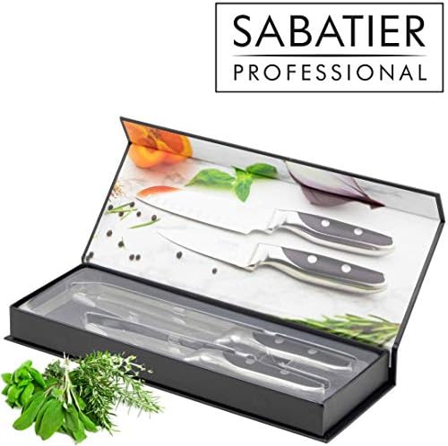 Professional Sabatier Kitchen Knife Set - 2 Piece 12cm/5 Santoku & 9cm/3.5 Paring Knives. Sharpe, Full Tang Blade. High Carbon, Taper Ground Stainless Steel. Twin Rivet Handles. Taylors Eye Witness