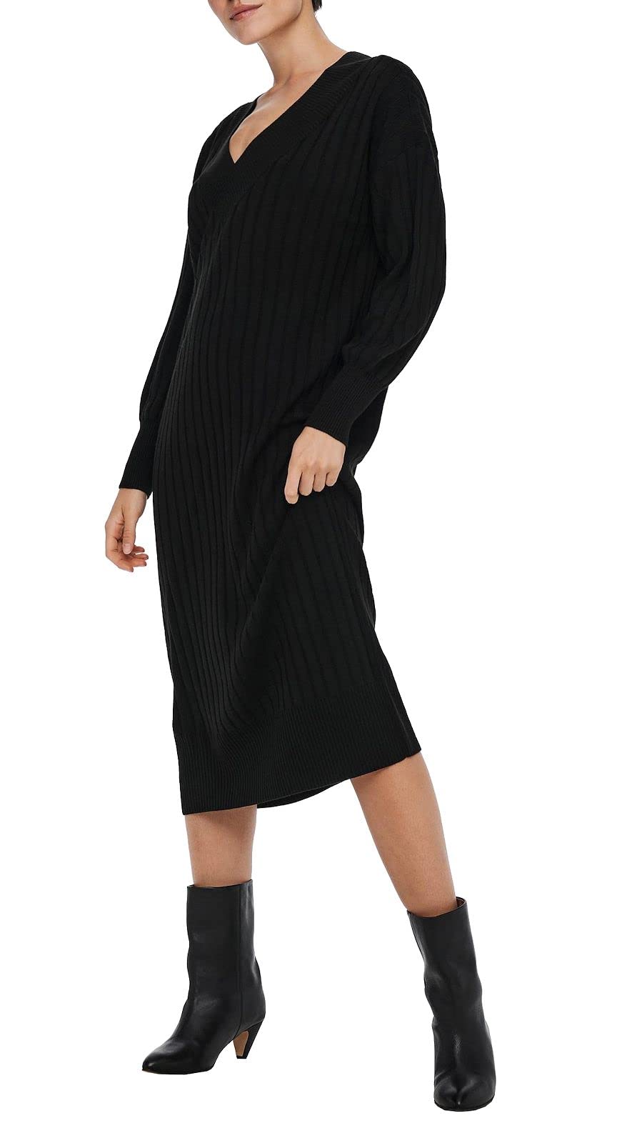 ONLY Women's Onlnew Tessa L/S Midi V-Neck Dress KNT Long, Black, L