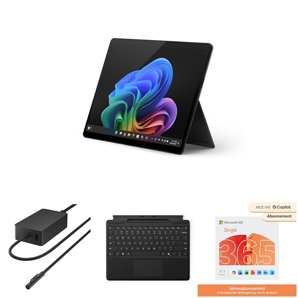 Microsoft Surface Pro | Copilot+ PC | 13” OLED | Snapdragon® X Elite | 16GB RAM | 512GB SSD | Schwarz + 65W Surface Connect Netzteil + Surface Keyboard 365 Single – Produktivitäts-Paket