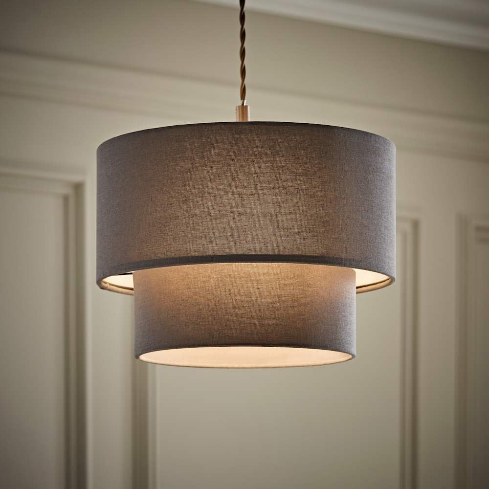 Valuelights Unisex Grey Jodie Linen Two Tier Easy Fit Drum Ceiling Light Lamp Shade With Bulb In