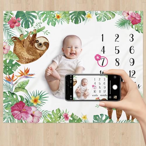 Image of Watercolor Jungle Baby Sloth Monthly Milestone Blanket for Girls - Soft Fleece Baby Girl Photo Prop Growth Tracker Newborn Keepsake Baby Shower Spring Gift