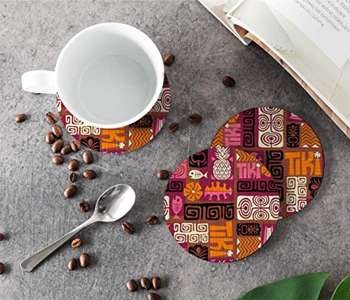 Set Of 6 Round Leather Coasters With Holder For Bar, Drinks, Coffee (Exotic Tiki Use Pattern) #TOP2