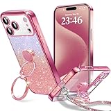 KAJICOO iPhone 17 Pro ケース ダブルリング付き グリッターカード&リストストラップ 17 Pro カバー 軽量薄型 キラキラ デザイン可愛い おしゃれ 女子向け レンズ保護 iphone 17 Pro スマホケース - ローズゴールド