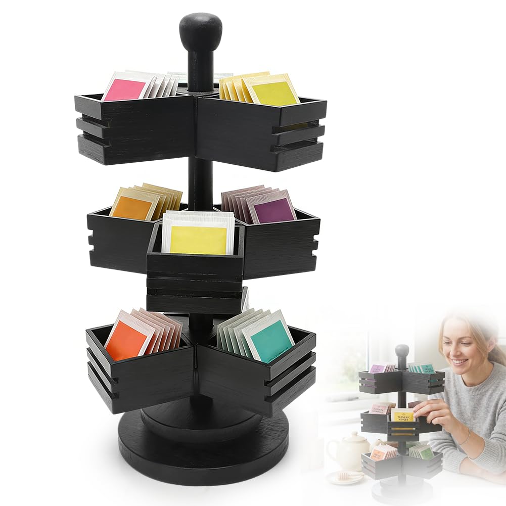Bambus Teebeutel Organizer, 3 Etagen 360˚ Drehbares Teebeutelhalter Teebeutel-Karussell für Küche Büro Arbeitsplatte Losen Tee Teepackungen Kaffee Zuckerpackungen Milchkännche