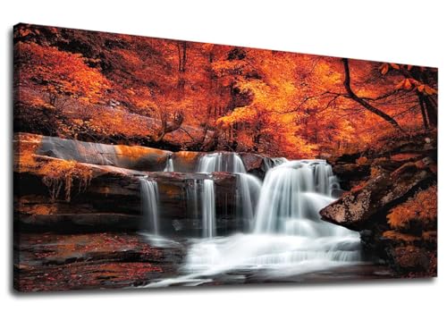yearainn Autumn Forest Canvas Wall Art Waterfall Picture Stream River