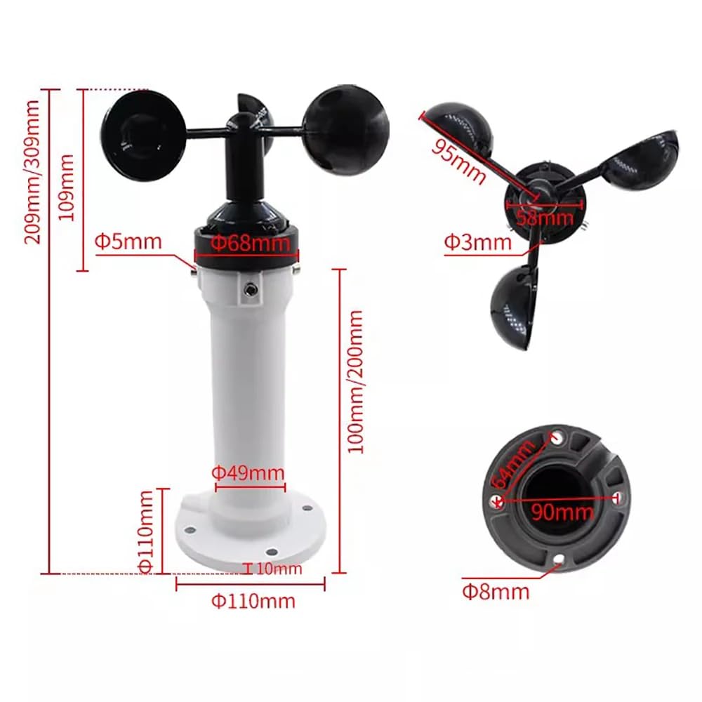Toplionace Anemómetro RS485 con Soporte de Montaje: Sensor de Velocidad del Viento de 3 Copas para Uso en Exteriores, Vehículos y Grúas.