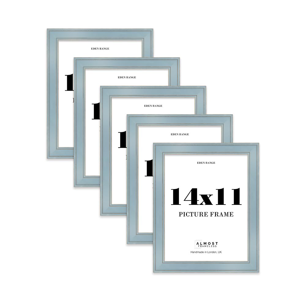 14x11 Cornflower Blue Picture Frame - Shabby Chic Photo Frame with Distressed Finish, Gold Trim, Wall Hooks and Kickstand, 37mm Edge - 5 Pack