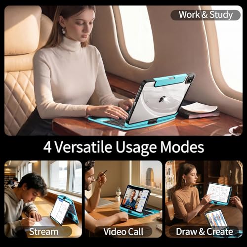 Image of Transparent Keyboard Case for iPad Air 11 inch (M3 2025 /M2 2024), Air 5th /4th Gen 10.9 inch & iPad Pro 11 inch (4th-1st) - Multi-Touch Trackpad, 360 Rotating Stand, 7-Color Backlit, Pencil Holder,Blue