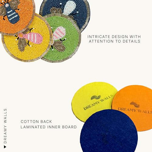 Image of Dreamy Walls 4'' Honeybee Beaded Coasters for Drinks, Tabletop & Coffee Table | Easy Clean, Non-Slip & Heat-Resistant, Party /Office /Home Decor | 4 Inches, Set of 4, Multicolor, Embroidered, Round
