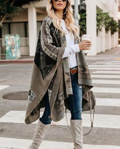 Image of Bestshe Women's Boho Open Front Poncho Plaid Shawl Wrap Cape | Tassel Cardigan Sweater, Cozy Layering, Fall Winter Clothes for Women